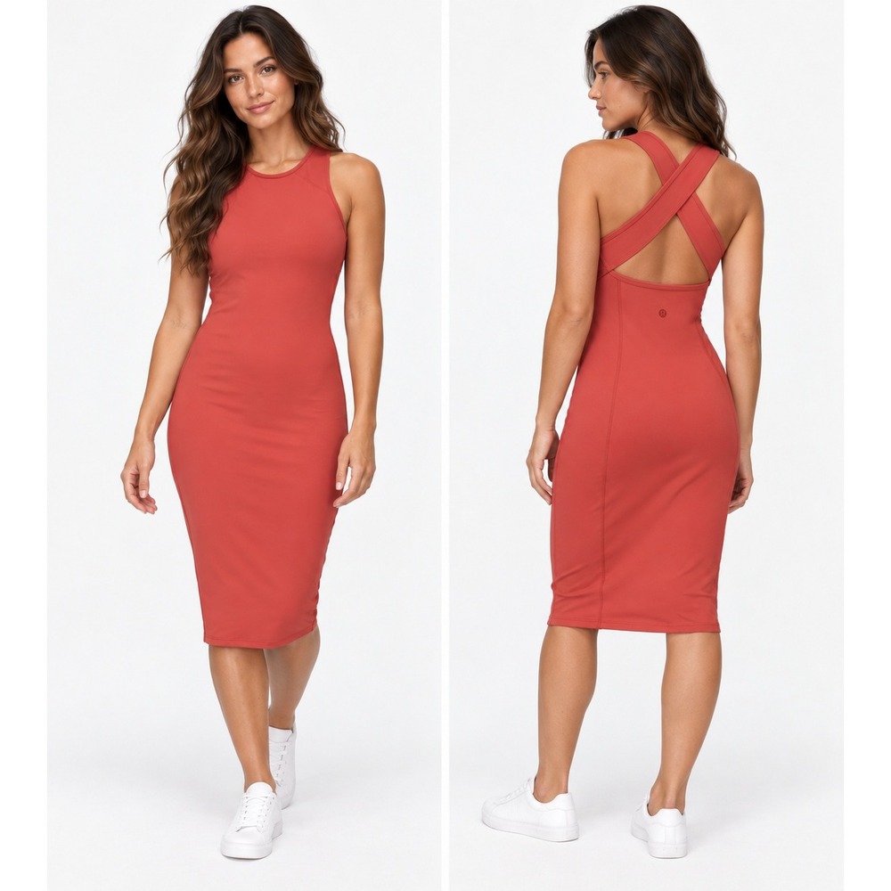 Lululemon Picnic Play Dress Brick Rose Size 10 Crisscross Back Midi Athleisure